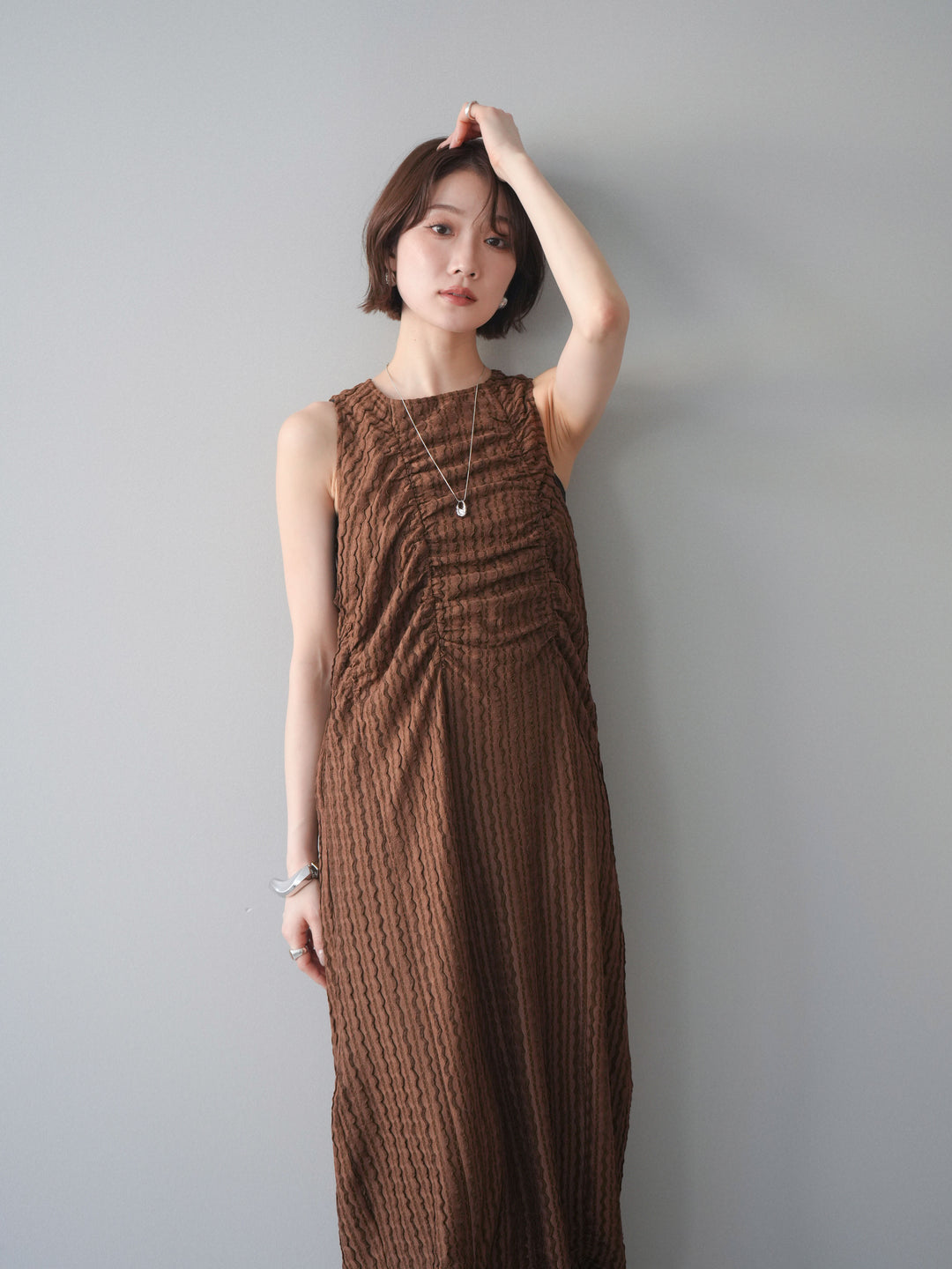 [予約]シャーリングジャガードノースリーブワンピース/brown