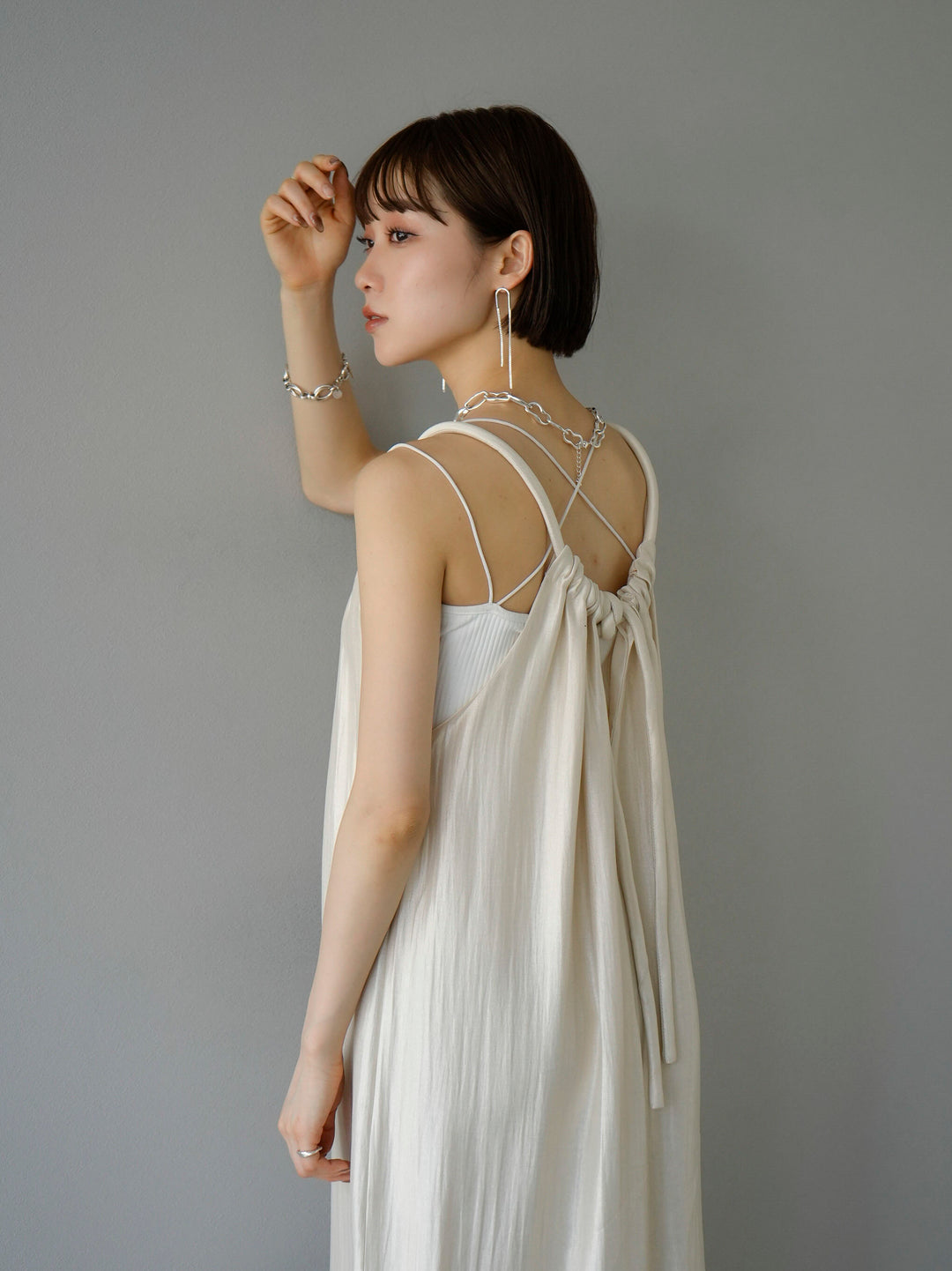 [SET] Rope shoulder shiny dress + double strap cut ribbed bra camisole (2set)
