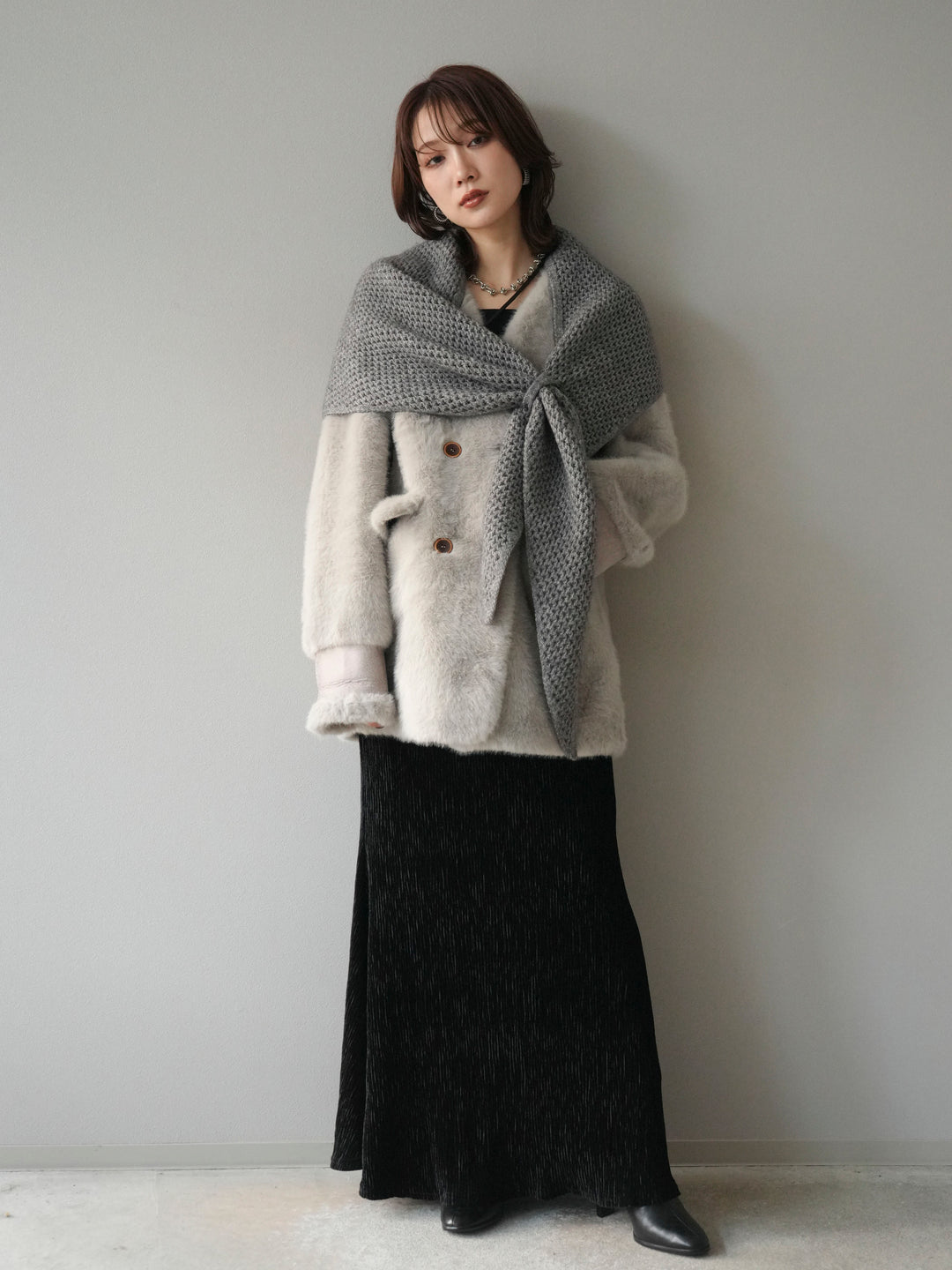 [予約]バッグ付エコファーノーカラーコート/gray