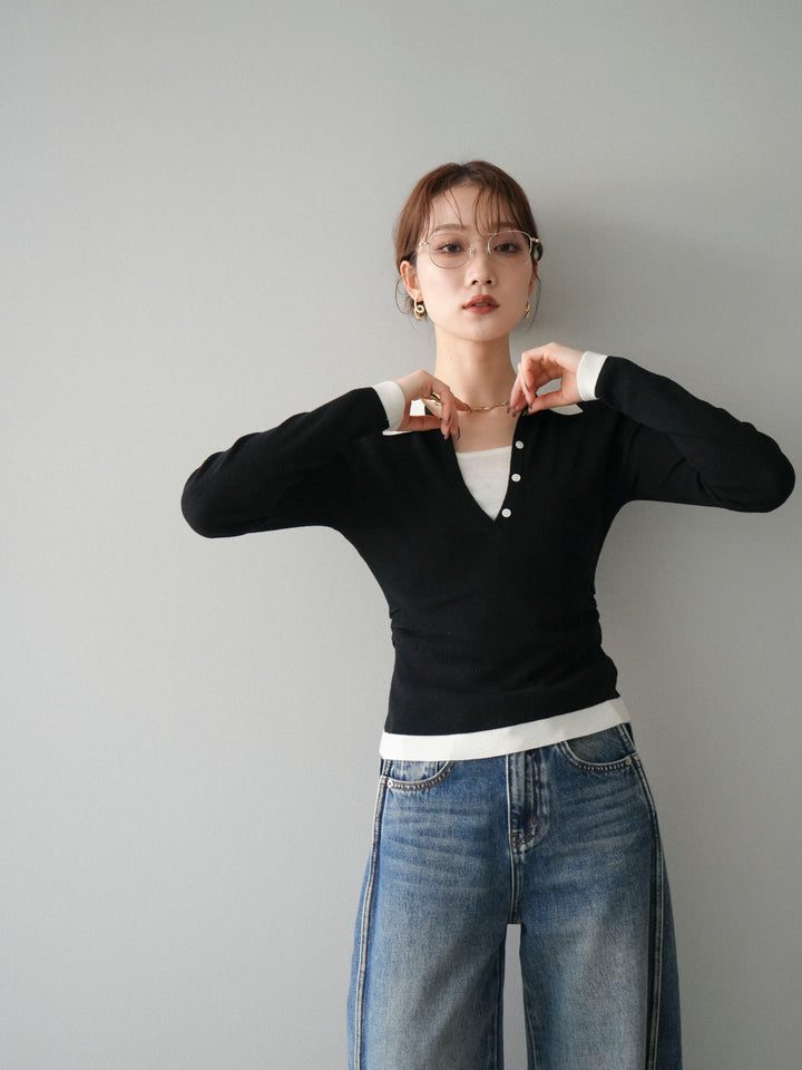 [予約]レイヤード配色ポロニットトップス/black