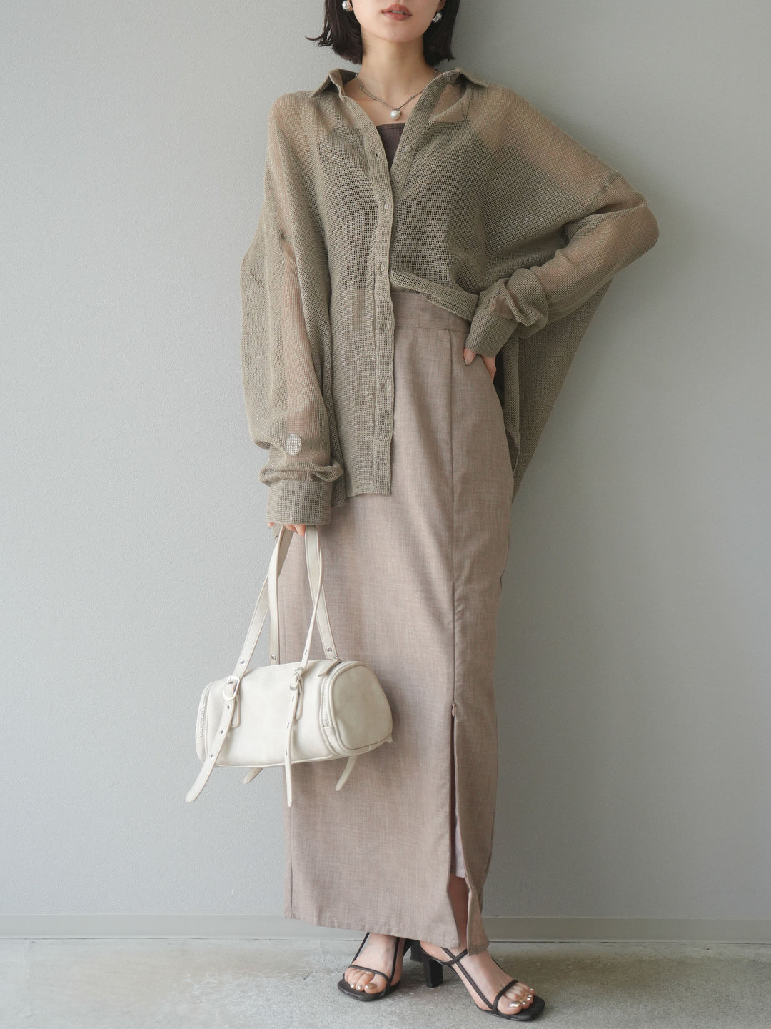 [予約]コットンラメメッシュオーバーシャツ/ベージュ