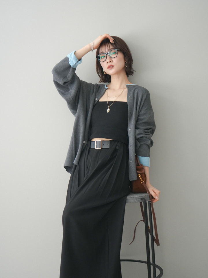 [SET]バイカラーオーバーニットカーディガン+タックベルトループワイドパンツ(2set)