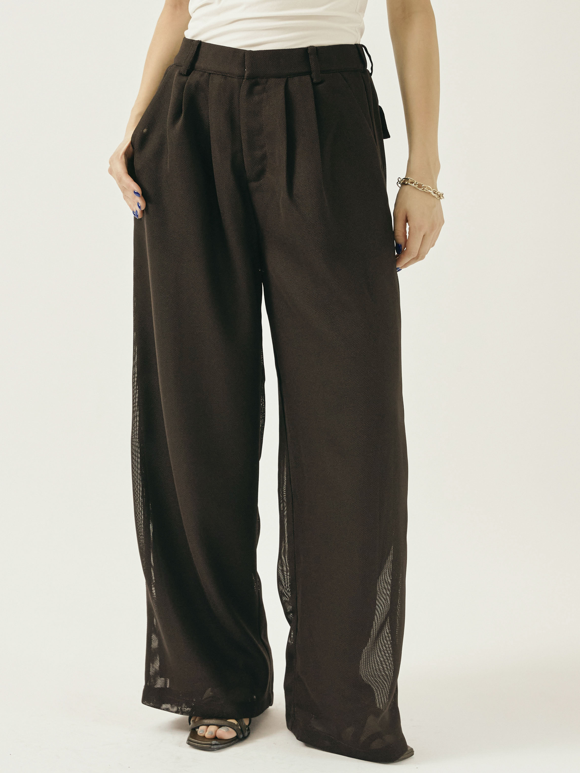 予約]メッシュタックワイドパンツ/ブラウン – Lumier