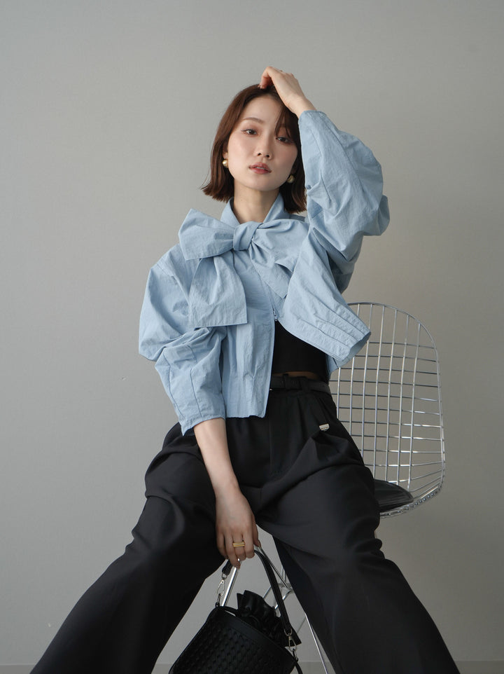 [SET]ボウタイ裾プリーツライトジャケット+ベルト付キーホルダーモチーフワイドパンツ(2set)