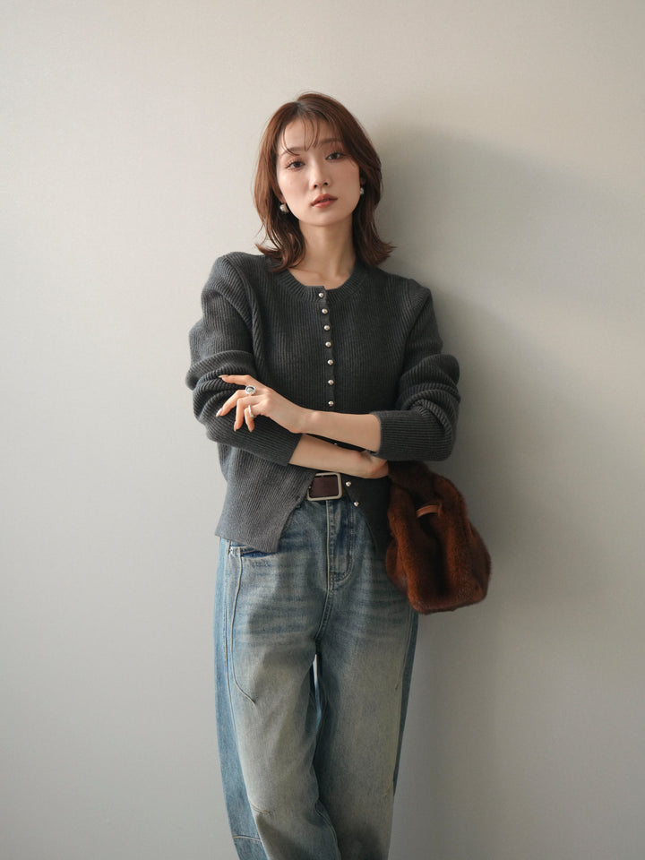 [SET]シルバーボタン畦編みニットカーディガン+ベルト付カーブデニムパンツ(2set)