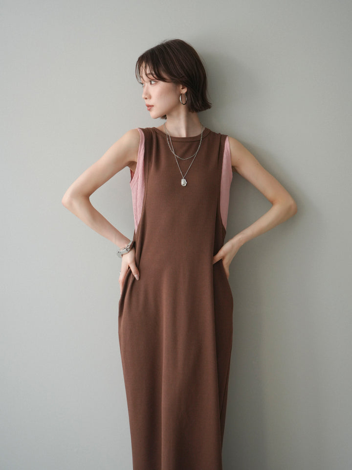 [予約]バイカラーレイヤードノースリーブワンピース/brown