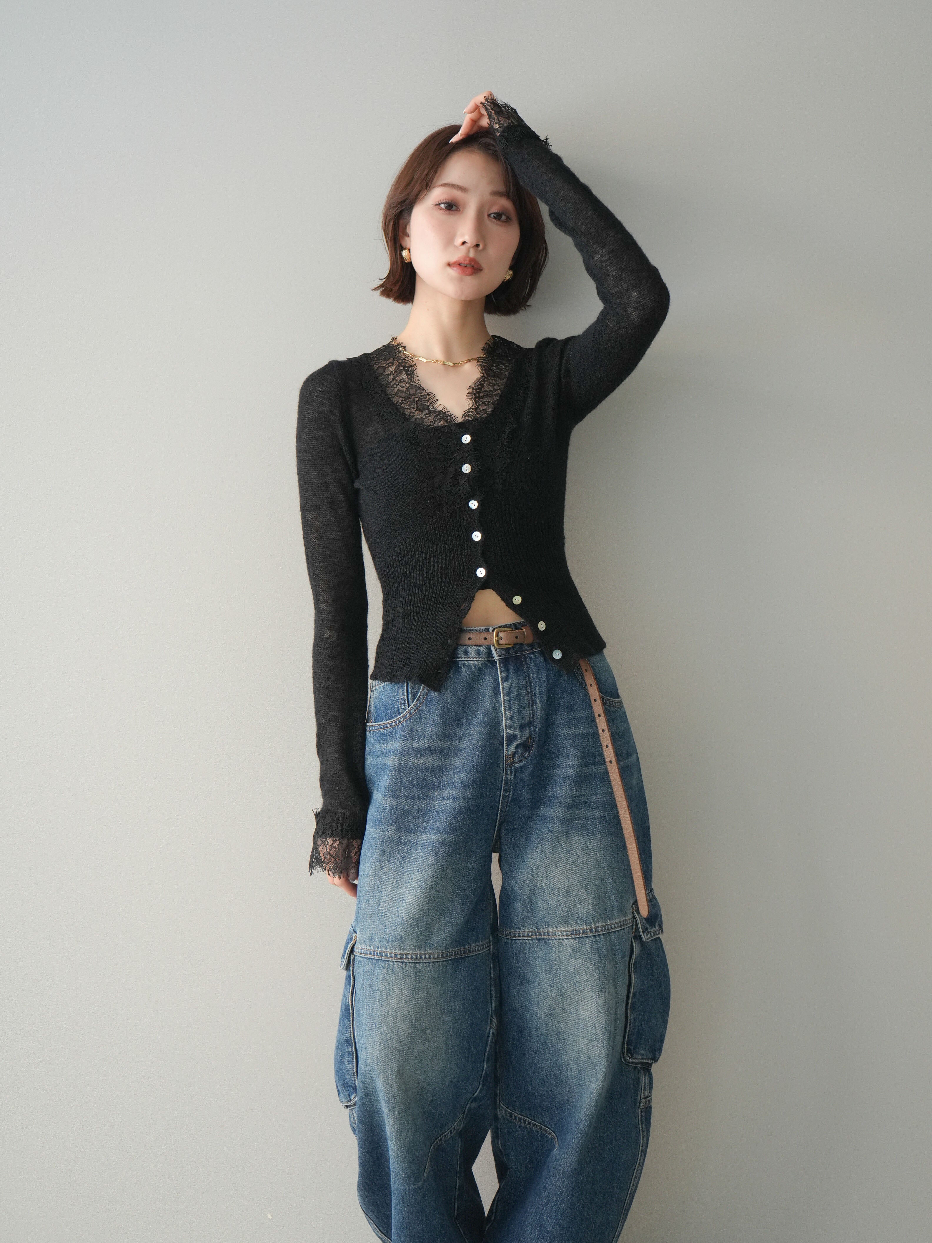 東京古着女子　モヘア　グラデニット　カーディガンitimi y2k フレア 予約]モヘアタッチレースニットカーディガン/black – Lumier