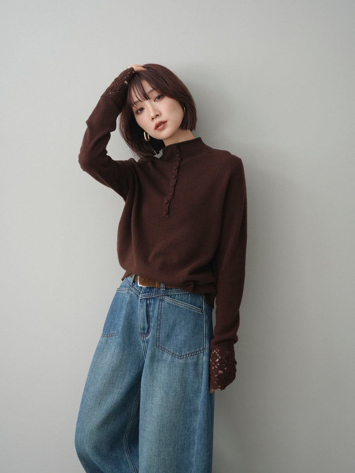 [予約]袖スカラップレースフロントボタンウールニットトップス/brown