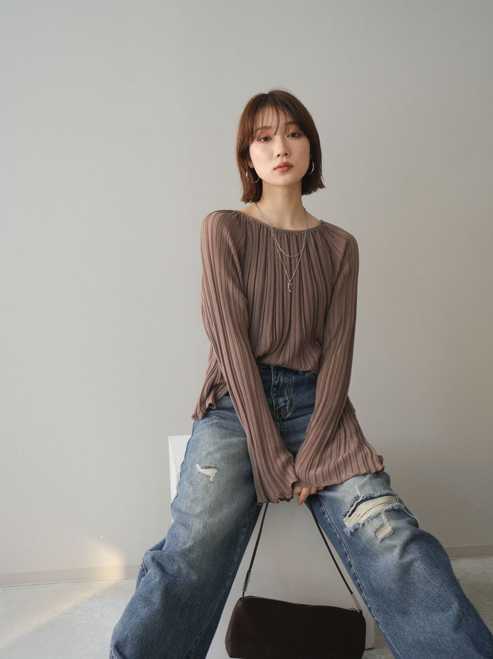 [SET]プリーツシアーフレアスリーブニットトップス+ダメージデニムセミワイドパンツ(2set)