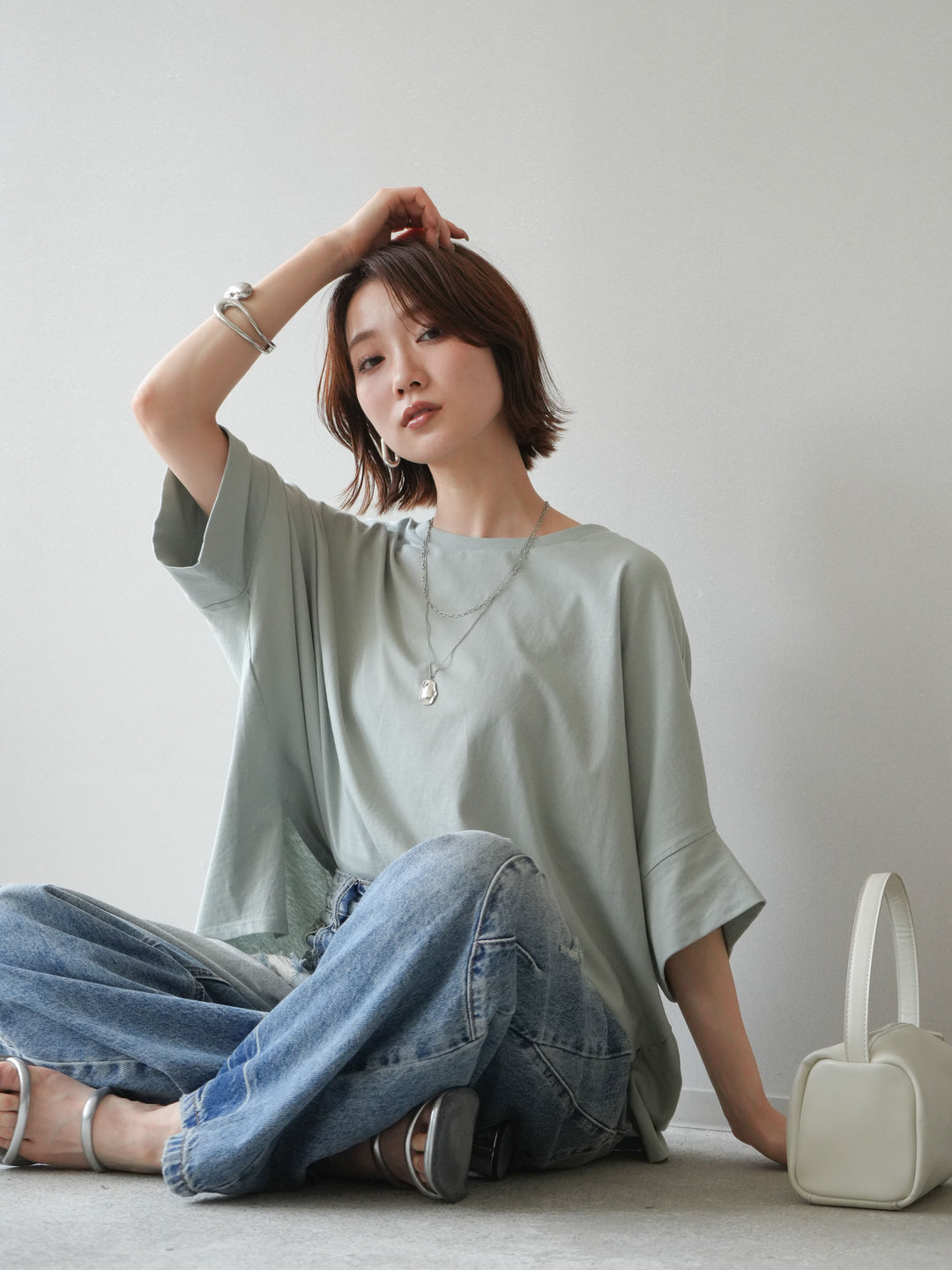 [SET]ドルマンワイドフレアトップス+ダメージカーブワイドデニムパンツ(2set)