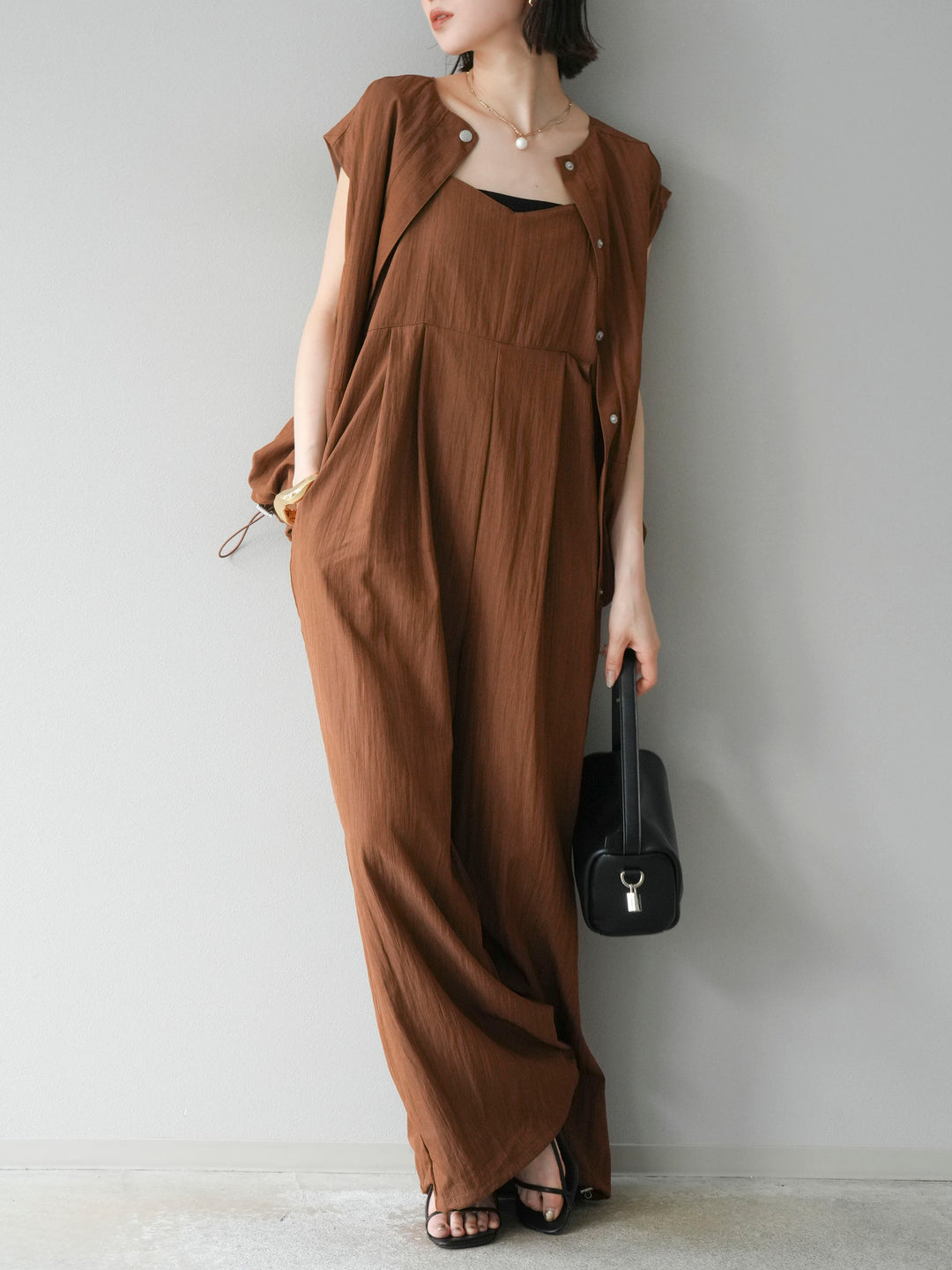 [SET]リネンライクビスチェデザインサロペット+リネンライクドロストバルーンブルゾン(2set)