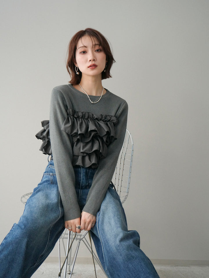 [SET]フリルビスチェドッキングスポンジニットプルオーバー+裏起毛加工デニムカーブパンツ(2set)