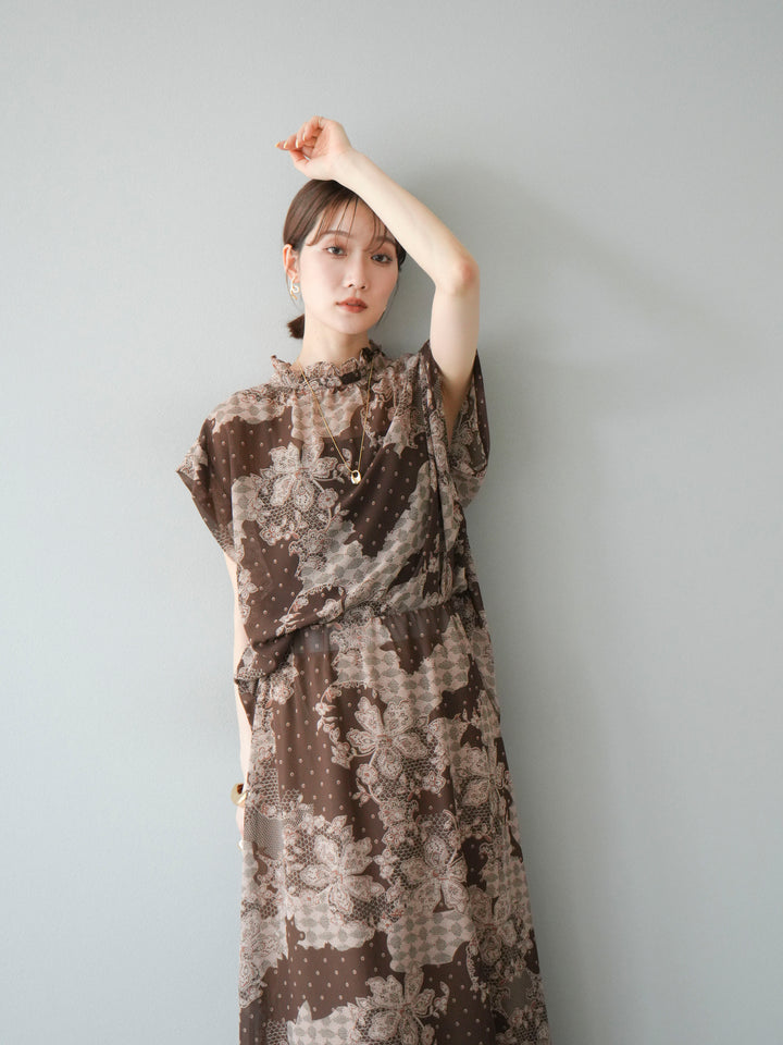 [SET] 花朵圖案法式袖襯衫 + 花朵圖案喇叭裙 (2 套)