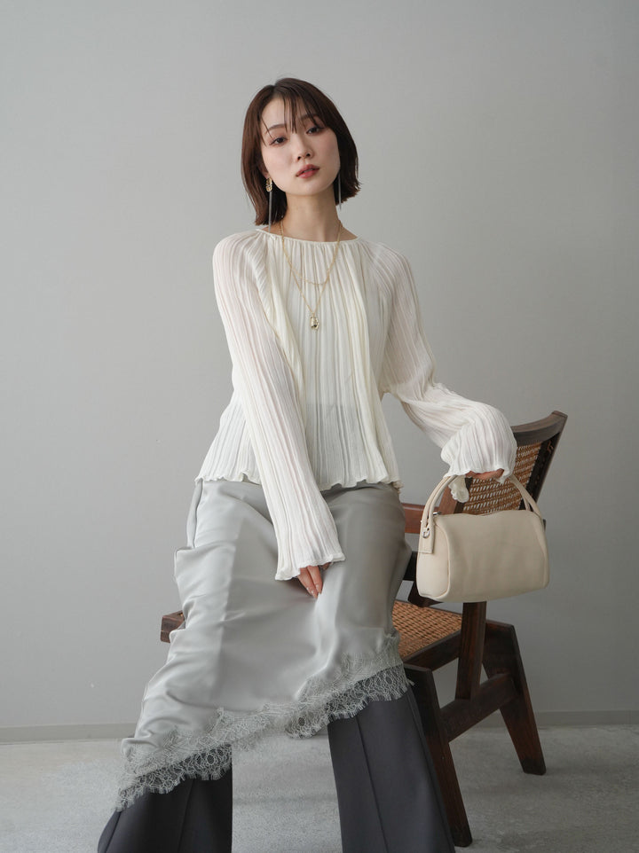 [SET]プリーツシアーフレアスリーブニットトップス+センターシームフレアパンツ+サテンライクアシメレーススカート(3set)