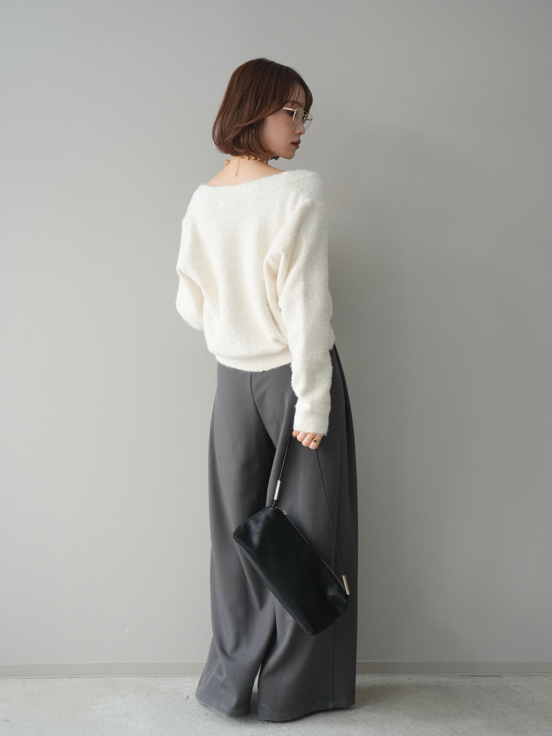 [SET]ゴールドボタンモールニットカーディガン+ベルトループデザインワイドパンツ(2set)