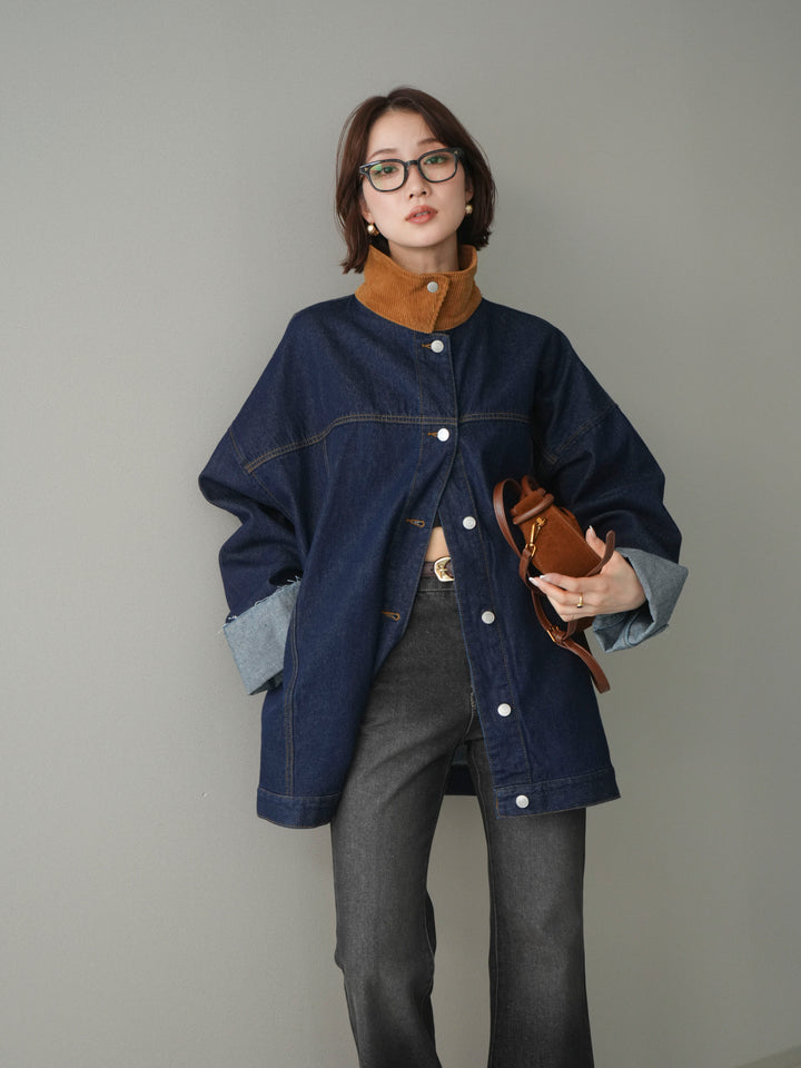 [SET]コーデュロイ×デニムミドルジャケット+フレアデニムパンツ(2set)
