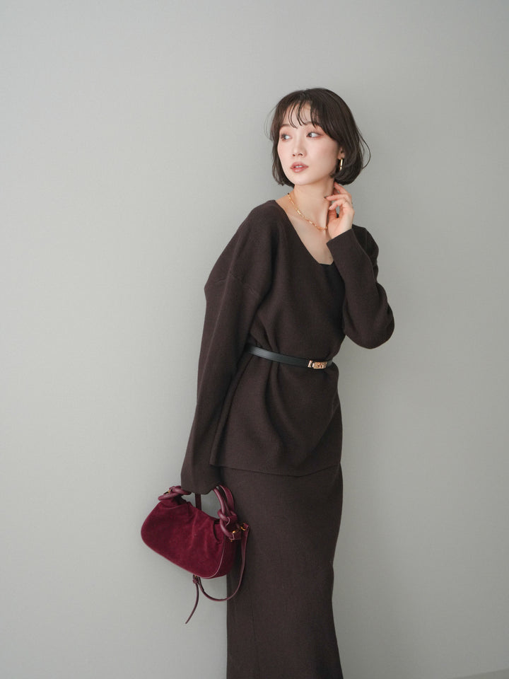 [SET]ベルト付Vネックニット＆スカートSET UP(2set)