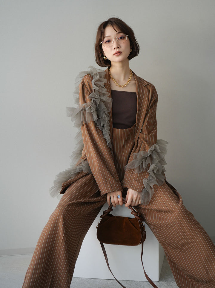[予約]アシンメトリーチュールストライプジャケット/goldbrown