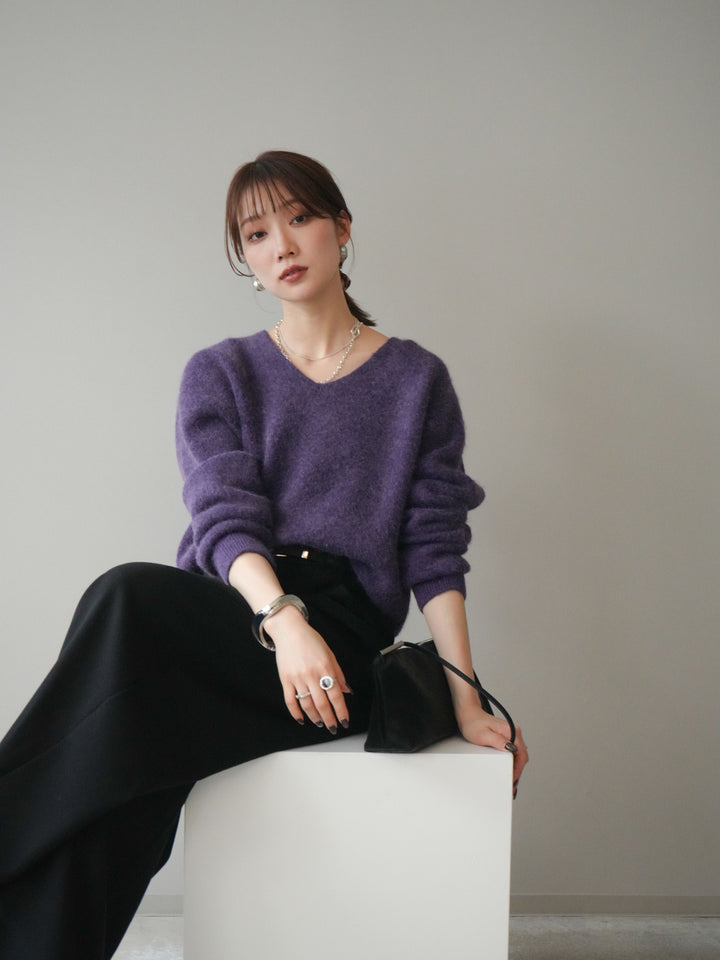 [予約]シュシュ付きアンゴラタッチVネックニットプルオーバー/purple