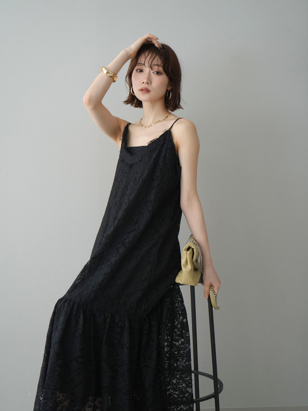 [予約]ギャザー切替レースキャミワンピース/black