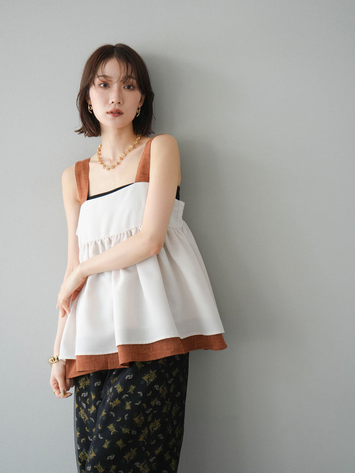 [SET]リネンライク配色フレアタンクトップ+コード刺繍チュールレイヤードパンツ+ブーケプリントタックパンツ(3set)