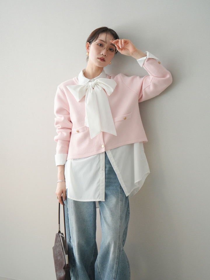 [SET]ゴールドボタンノーカラーニットジャケット+選べるアクセセット(2set)