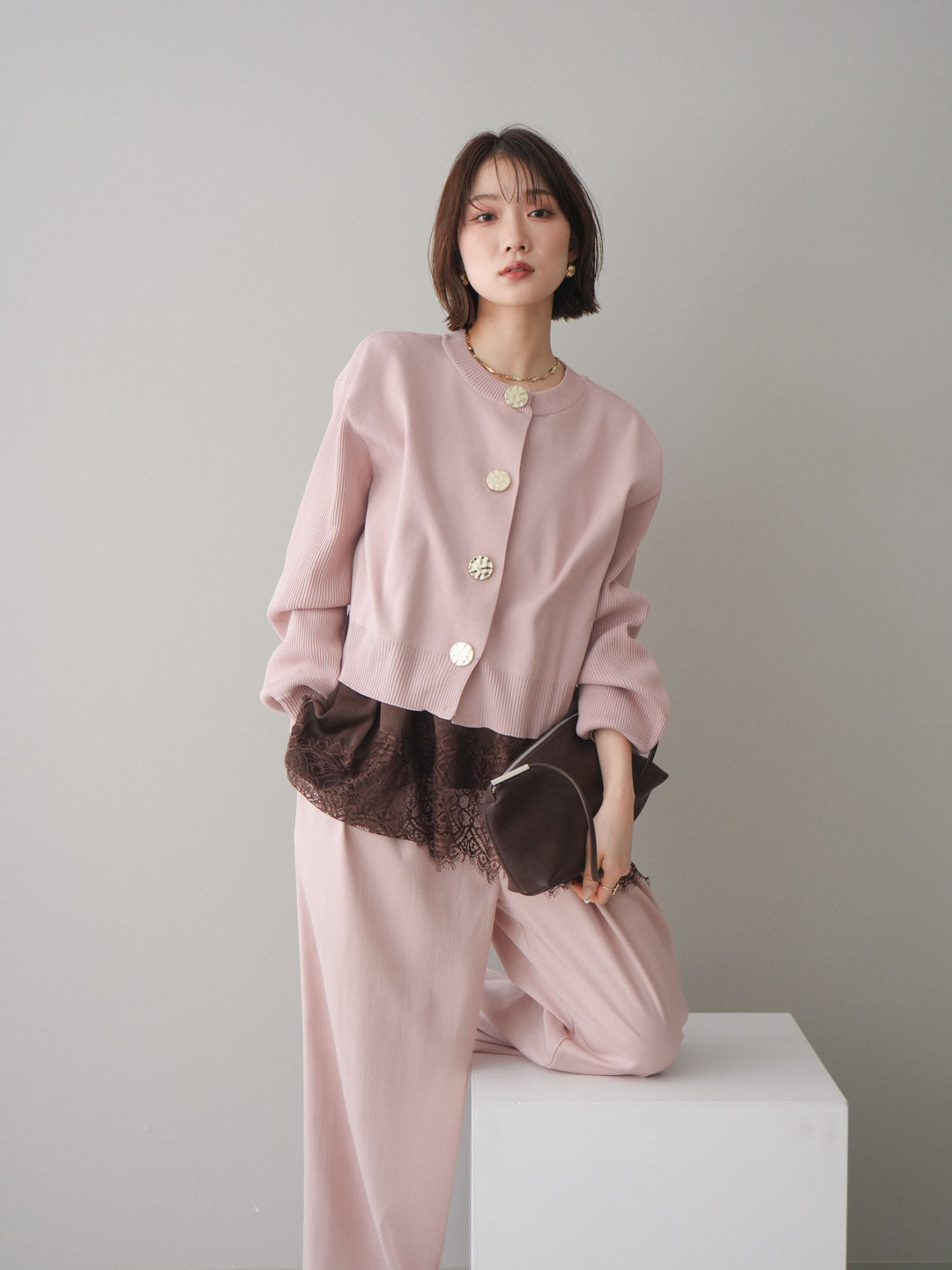 [SET]メタルボタンクルーネックニットカーディガン+選べるアクセセット(2set)