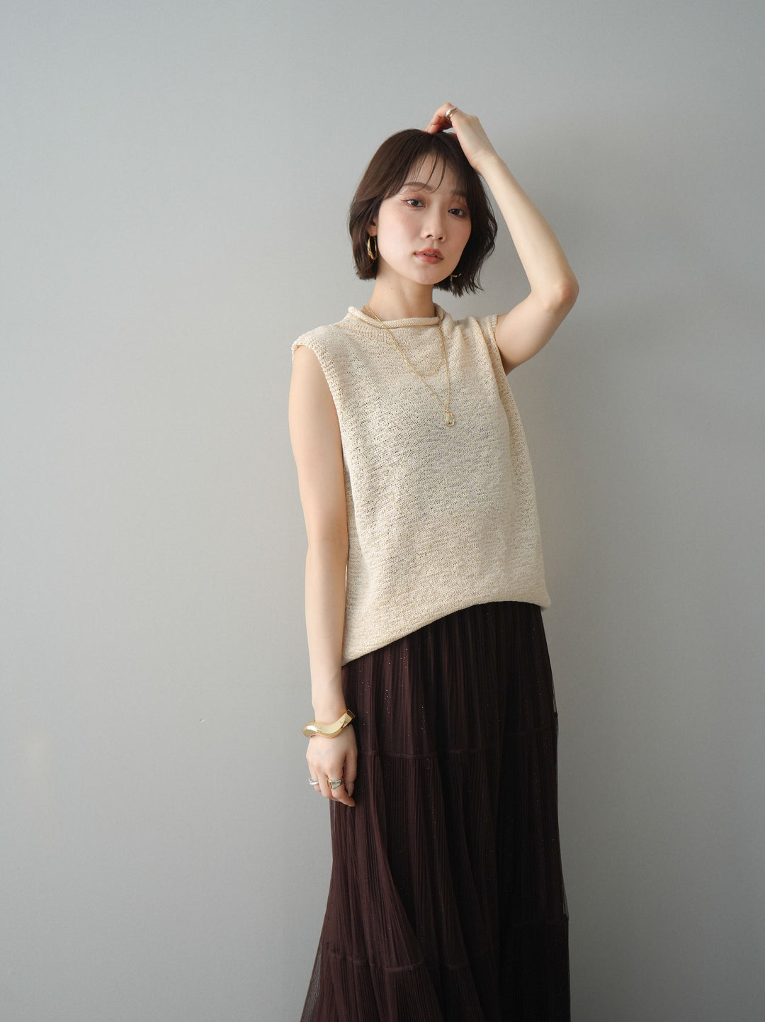 [予約]ノースリーブリネンタッチシアーニットプルオーバー/beige