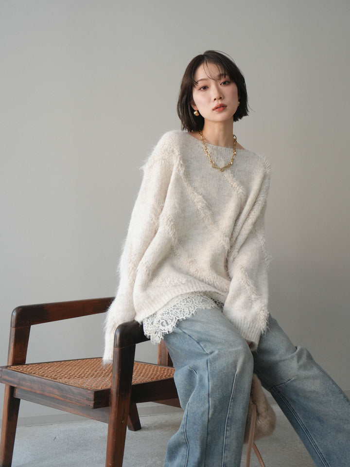 [SET]シャギーデザインニットプルオーバー+サテンレースキャミソール(2set)