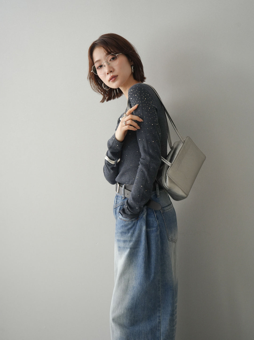 [SET]スパンコールシアーニットトップス+選べるアクセセット(2set)