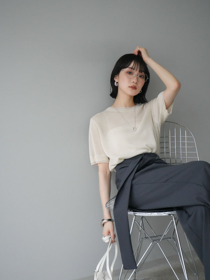 [SET]リネンタッチ配色二重臼ハーフニットトップス+ウエスト巻きデザインワイドパンツ(2set)