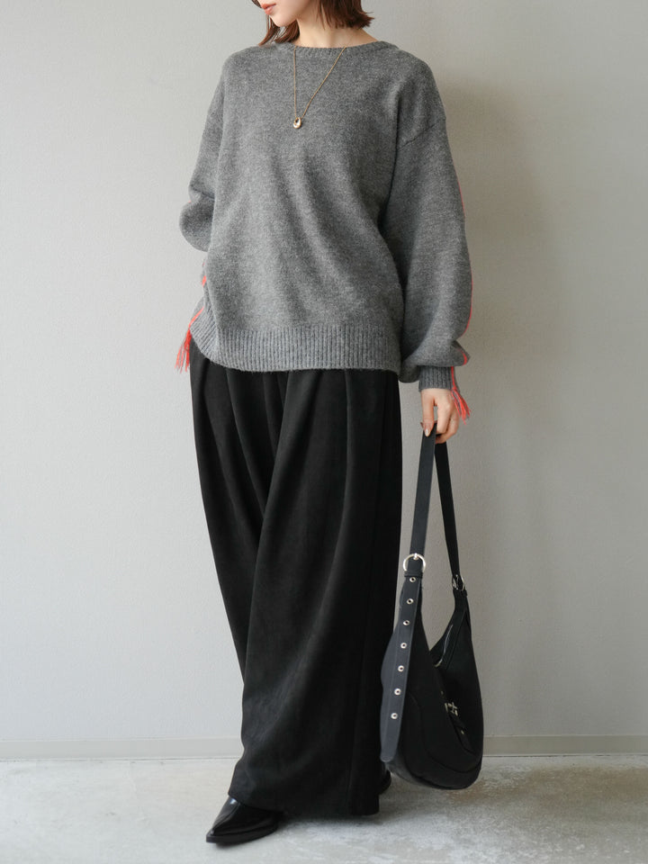 [SET]配色ステッチフリンジニットプルオーバー +スウェードタックワイドパンツ(2set)