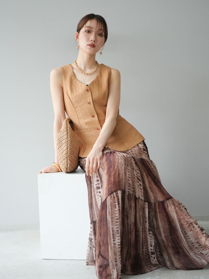 [SET]リネンタッチバックオープンベスト＆ニュアンス柄マキシスカートSET UP(2set)