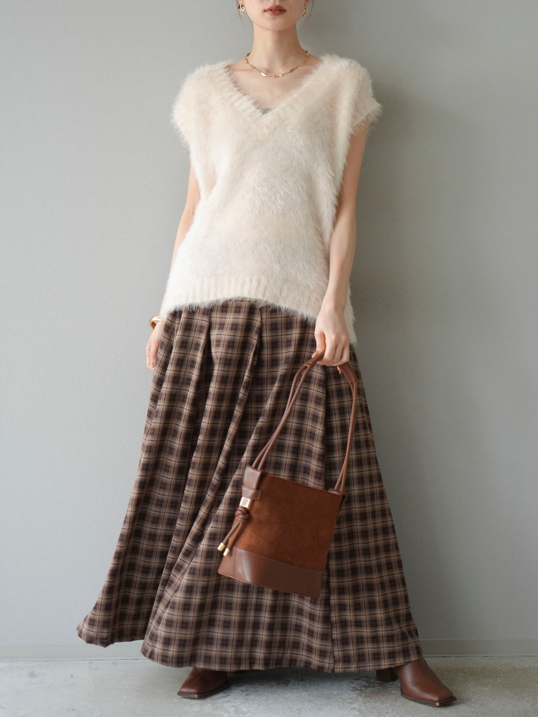 [予約]チェックタックフレアロングスカート/ ブラウン