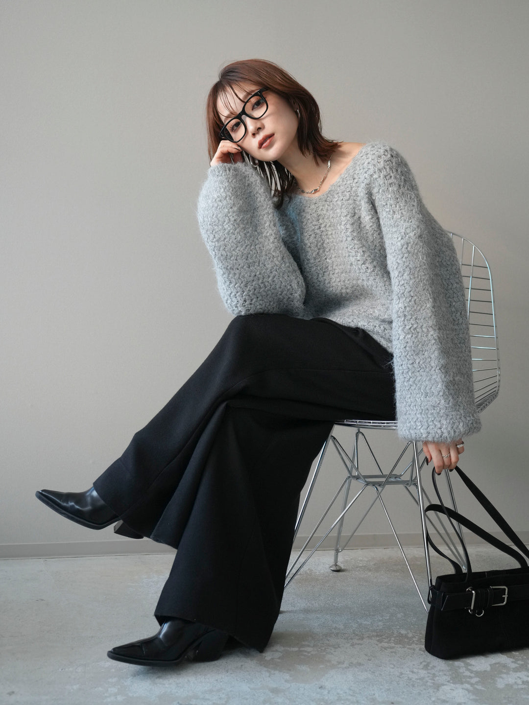 [予約]ウールタッチラメミックスヤーンVネックニットプルオーバー/lightgray