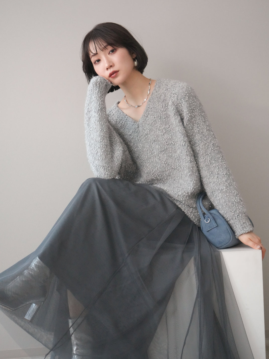 [SET]Vネックスラブニットプルオーバー+選べるアクセセット(2set)