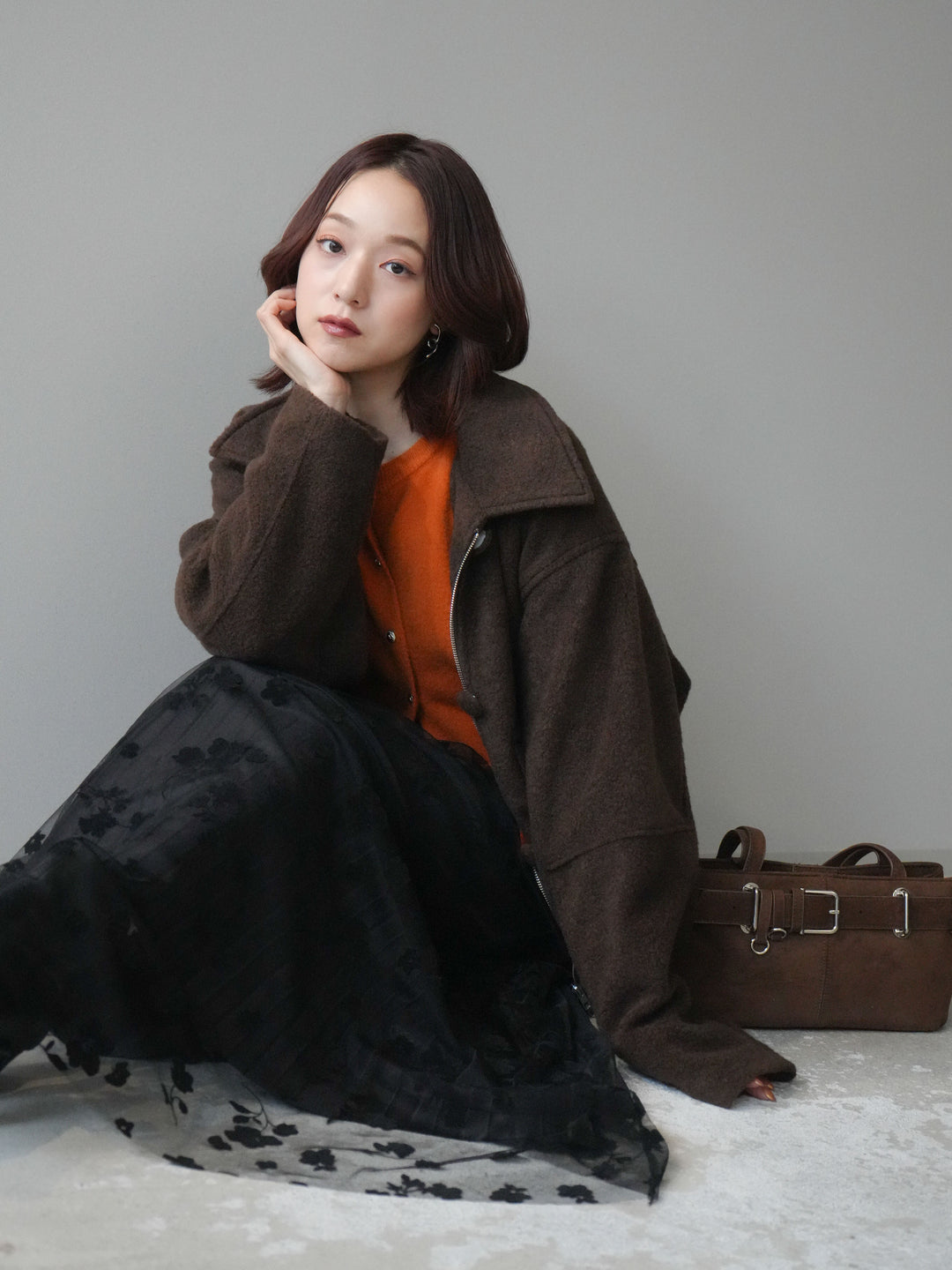 [SET]ウールライクフライトジャケット+フラワーフロッキーチュールプリーツスカート(2set)