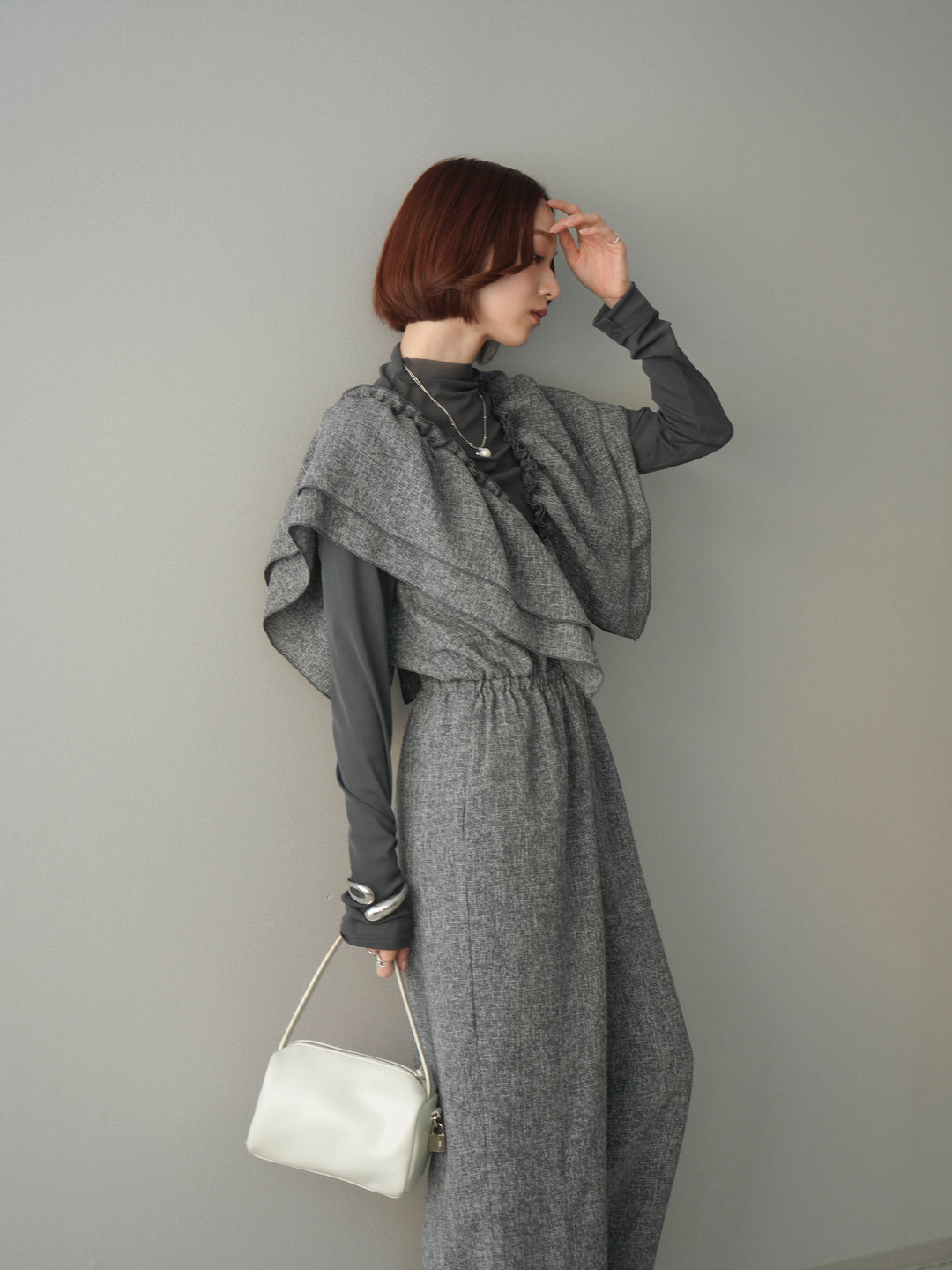 [SET]3WAYミックスツイードギャザーオールインワン+シアープチネックストレッチトップス(2set)