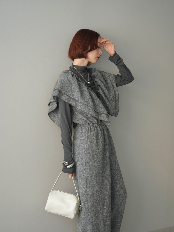 [SET]3WAYミックスツイードギャザーオールインワン+シアープチネックストレッチトップス(2set)