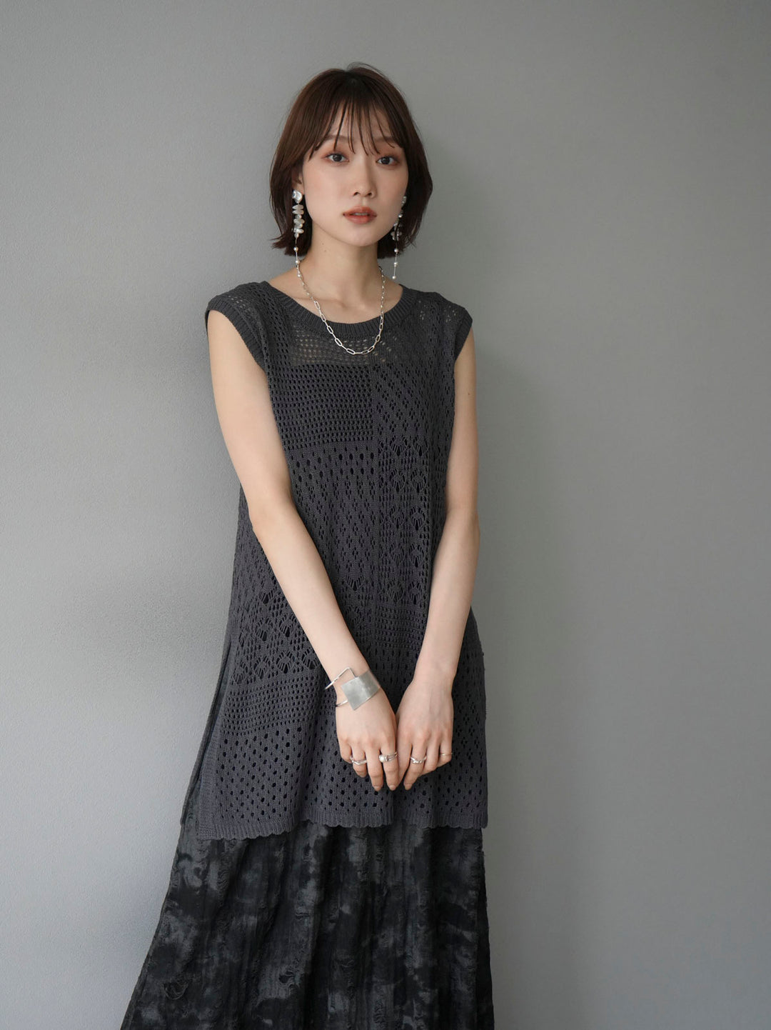 [Pre-order] Damaged Nuance Pattern Braided String Cami Dress/Black