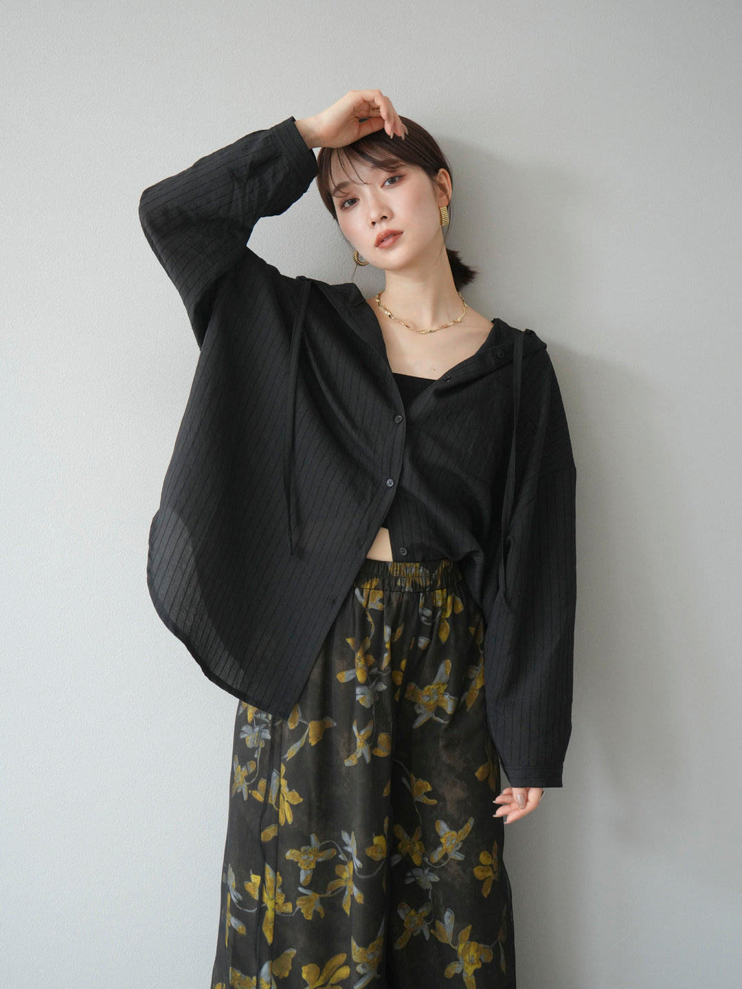 [予約]ワッシャーストライプフーディーシャツ/ブラック