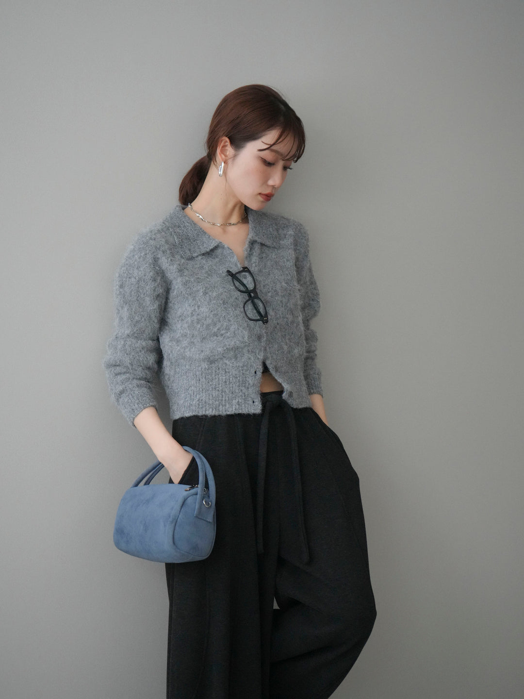 [予約]モヘア衿付きボタンプルオーバー/charcoal