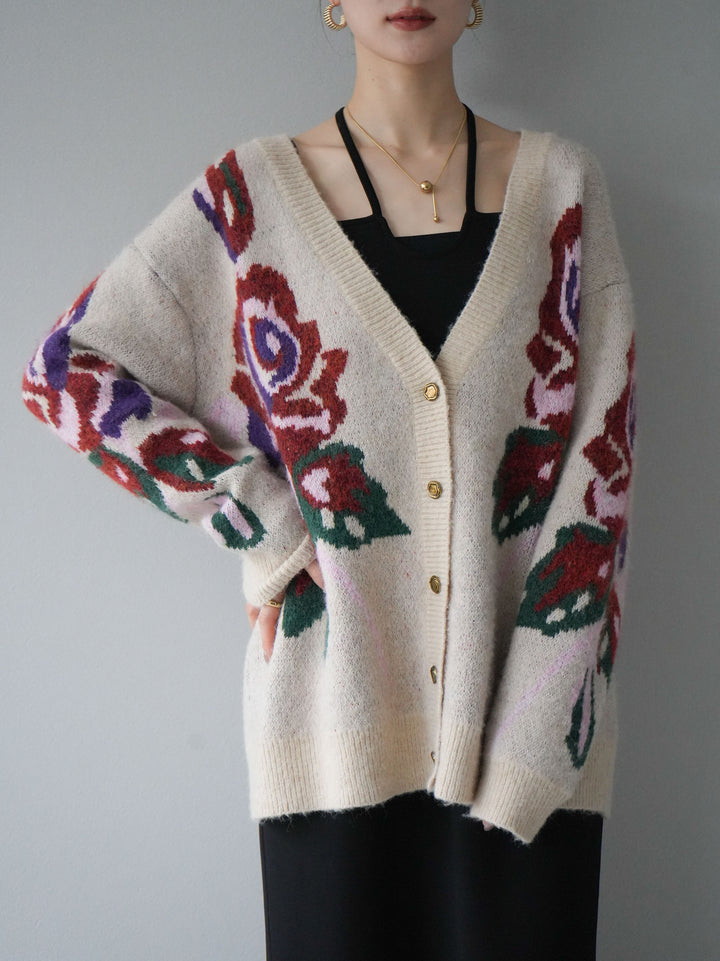 [予約]フラワー柄ゴールドボタンVネックニットカーディガン/アイボリー