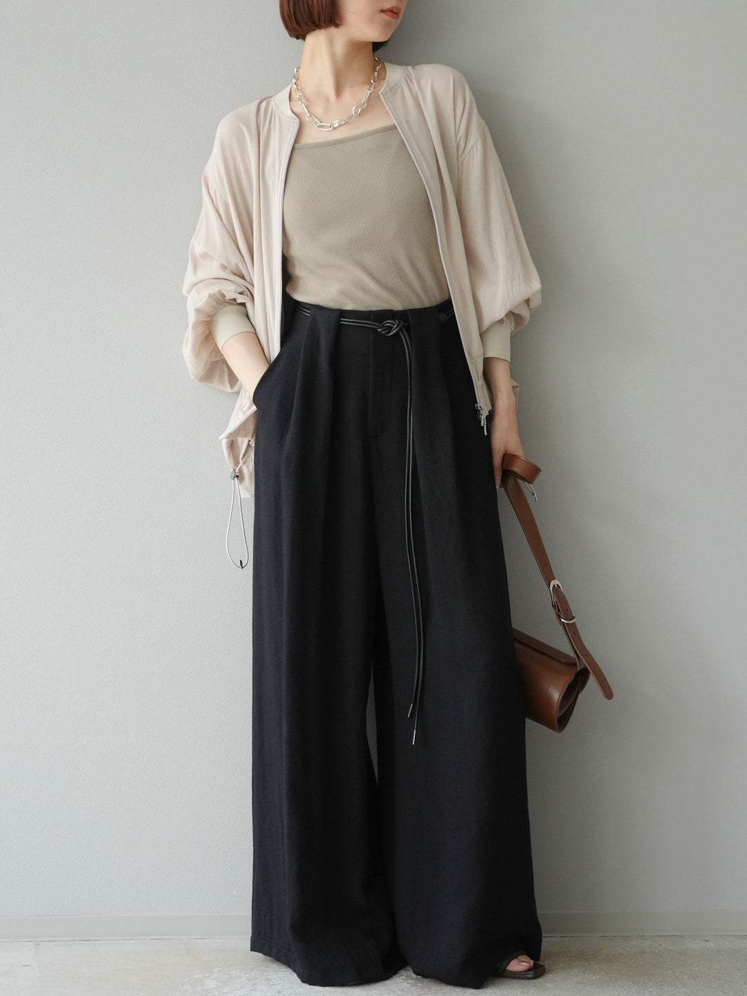 [予約]ロープデザインベルトリネンタッチワイドパンツ/ブラック
