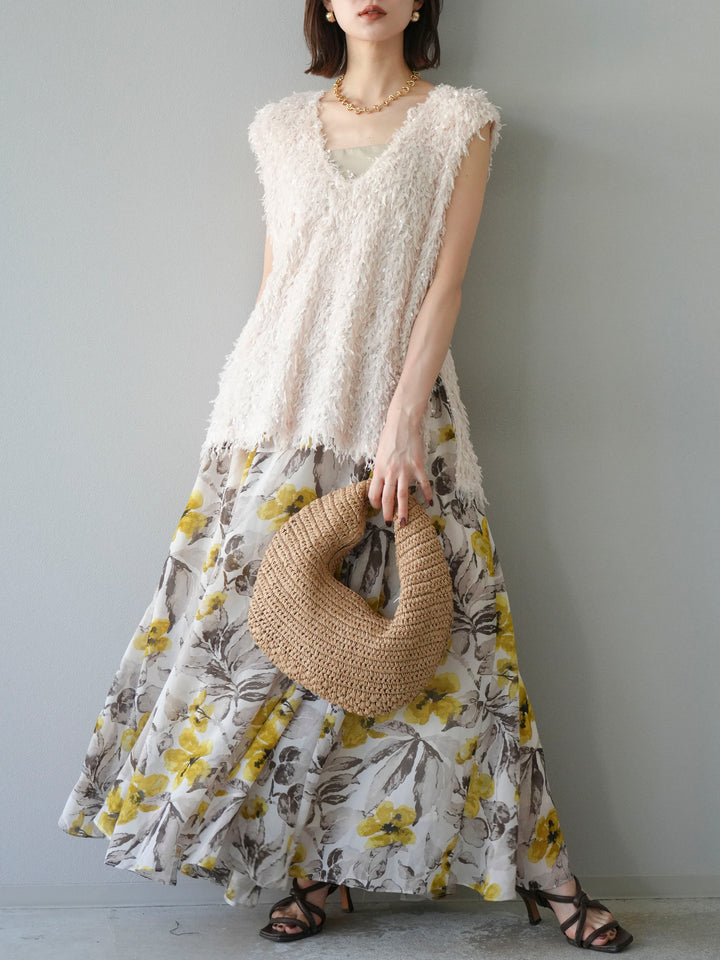 【預訂】流蘇V領背心/象牙色