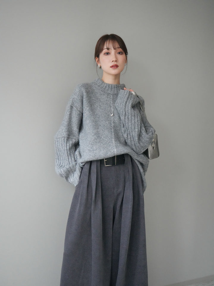 [SET]編み地切替ボトルネックニットプルオーバー+ベルトデザインループコールテンワイドパンツ(ベルト付き)(2set)