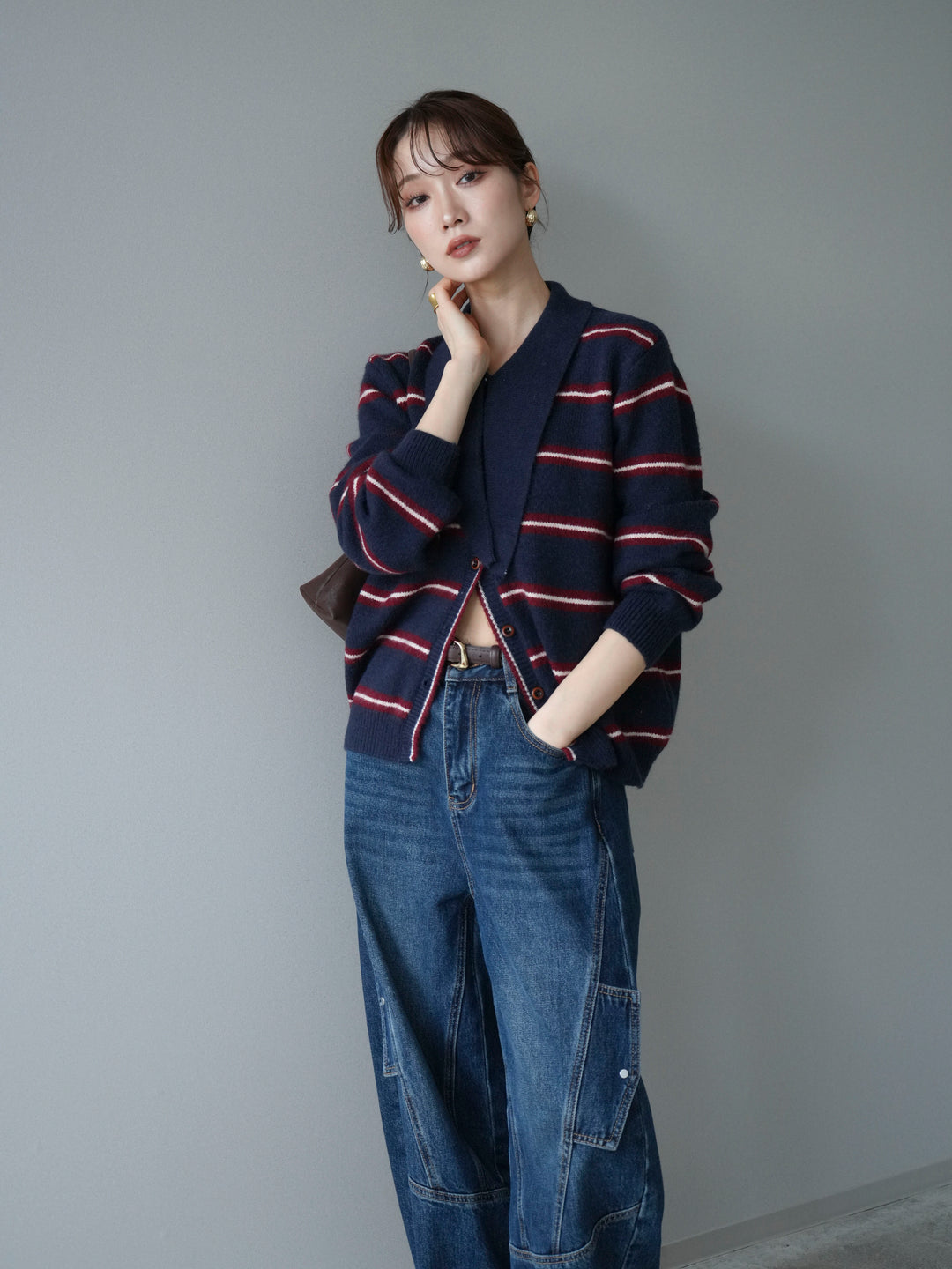 [予約]ボウタイボーダーニットカーディガン/navy