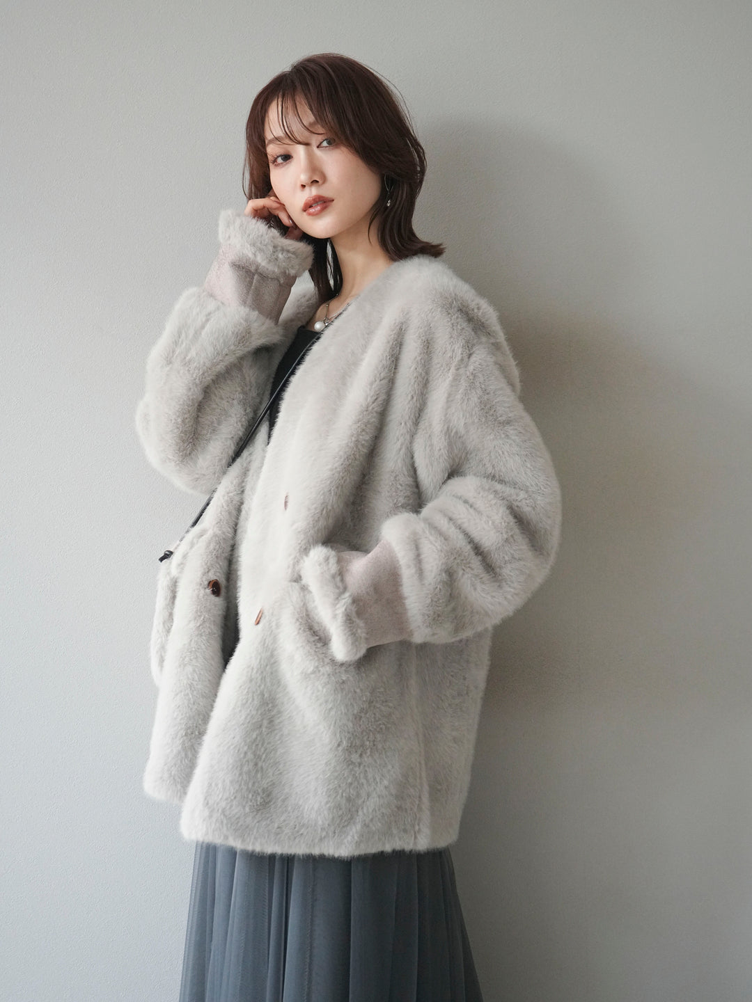 [SET]バッグ付エコファーノーカラーコート+チュールボリュームスカート(2set)