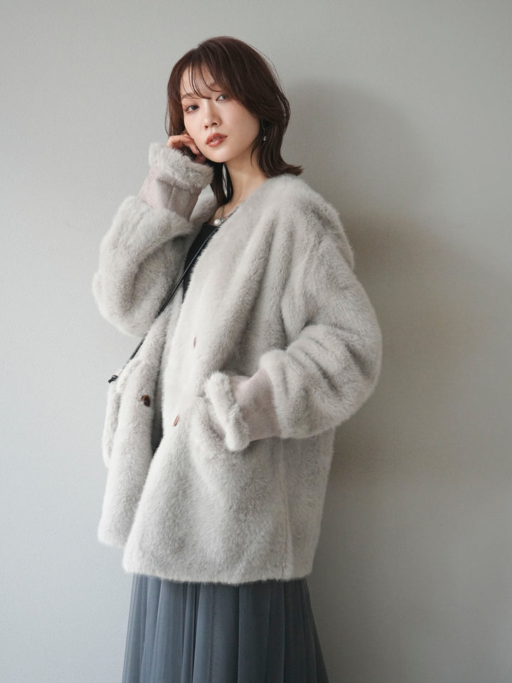 [SET]バッグ付エコファーノーカラーコート+チュールボリュームスカート(2set)