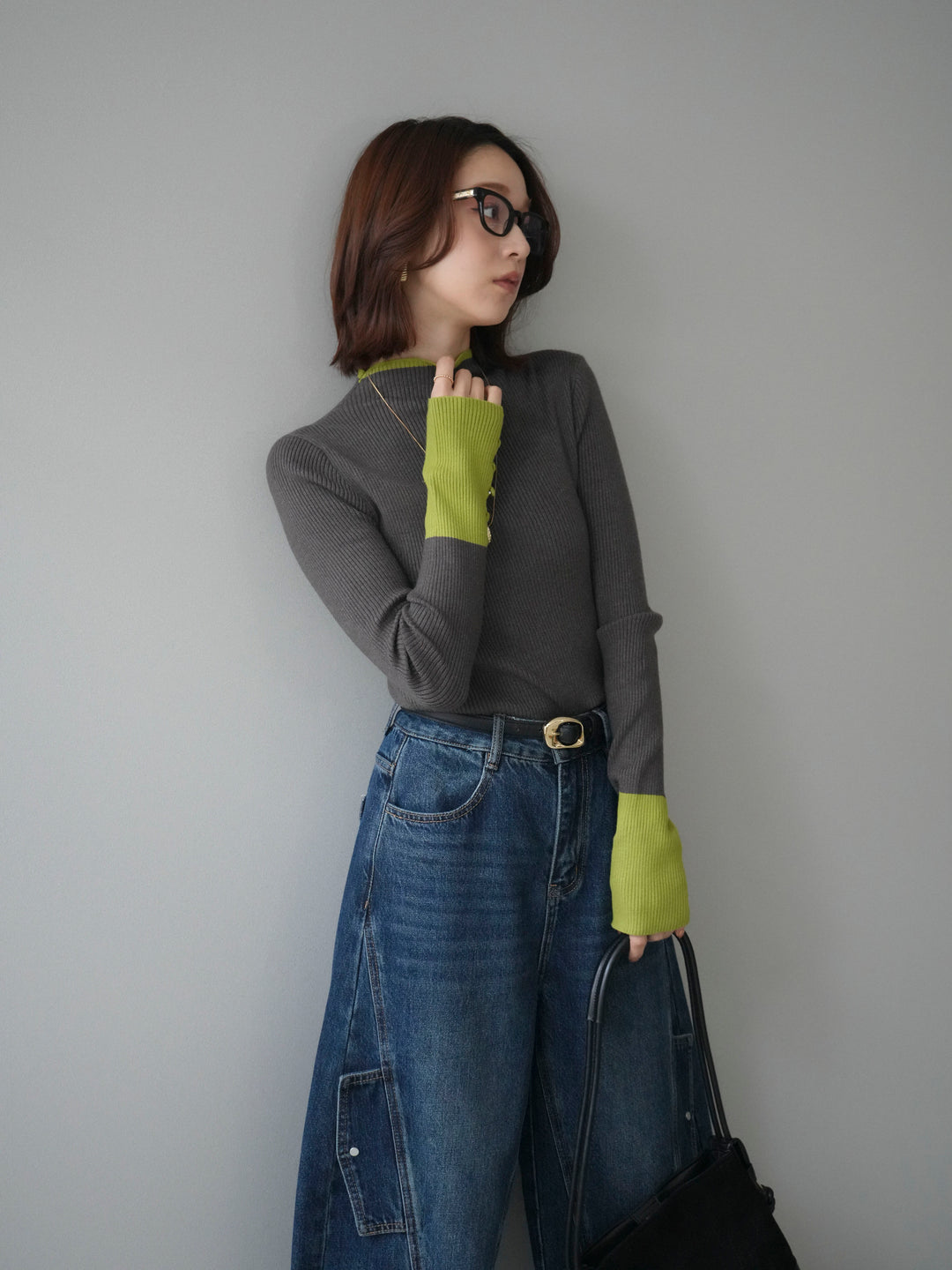 [SET]袖ボタンハイネック配色リブニットトップス+選べるアクセセット(2set)